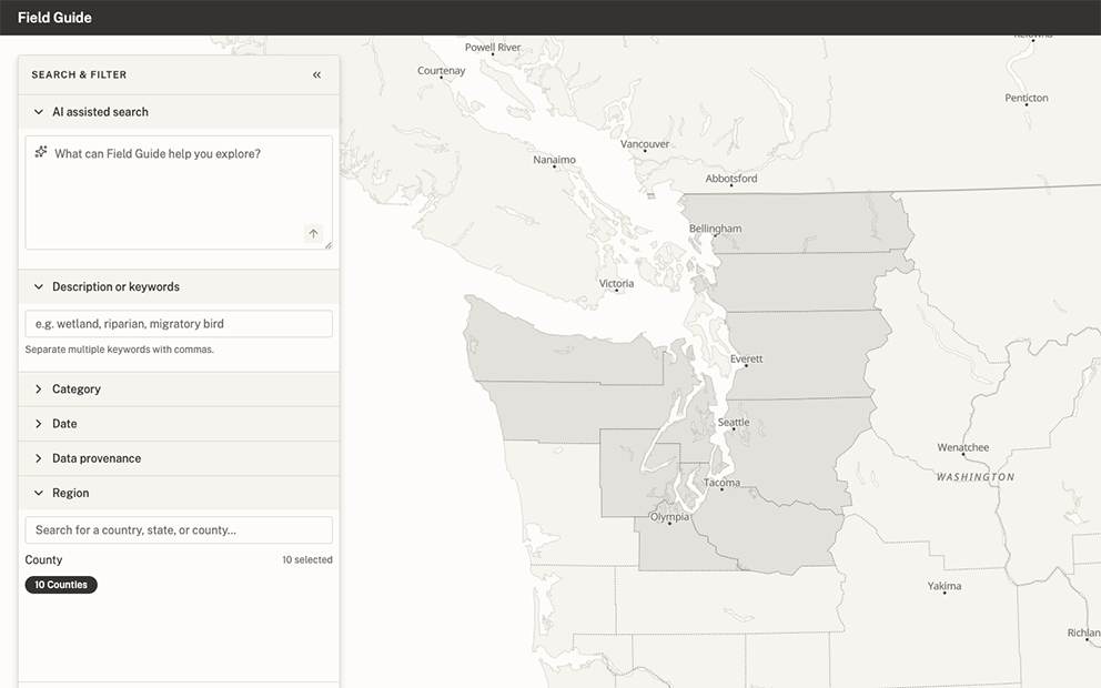 Field Guide's Region filter, showing geography-based search by real jurisdiction
