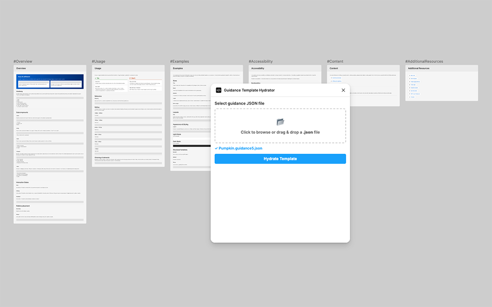 Figma Hydrant plugin panel, showing the hydration step populating the guidance template