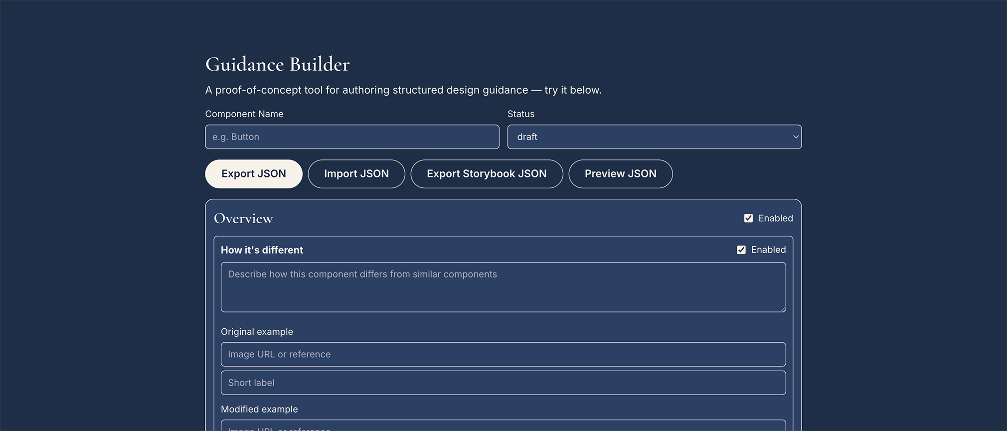 Guidance Builder form UI, showing the structured input fields used to author design system guidance