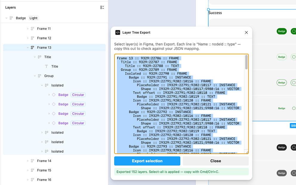 Tree Exporter plugin output, showing a Figma layer structure exported as a labeled tree
