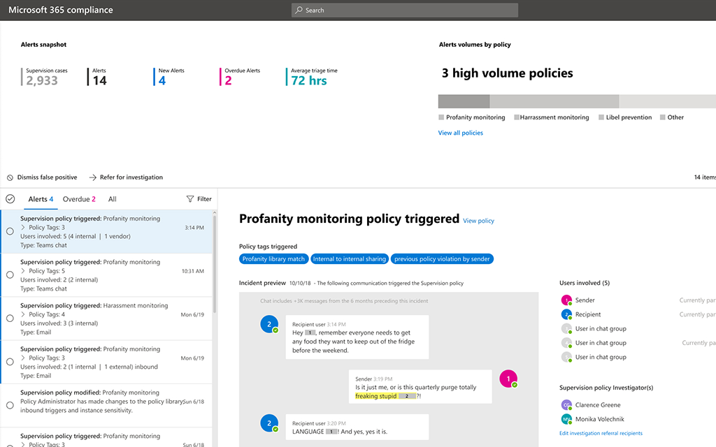 Alerts list inspection view, event in context