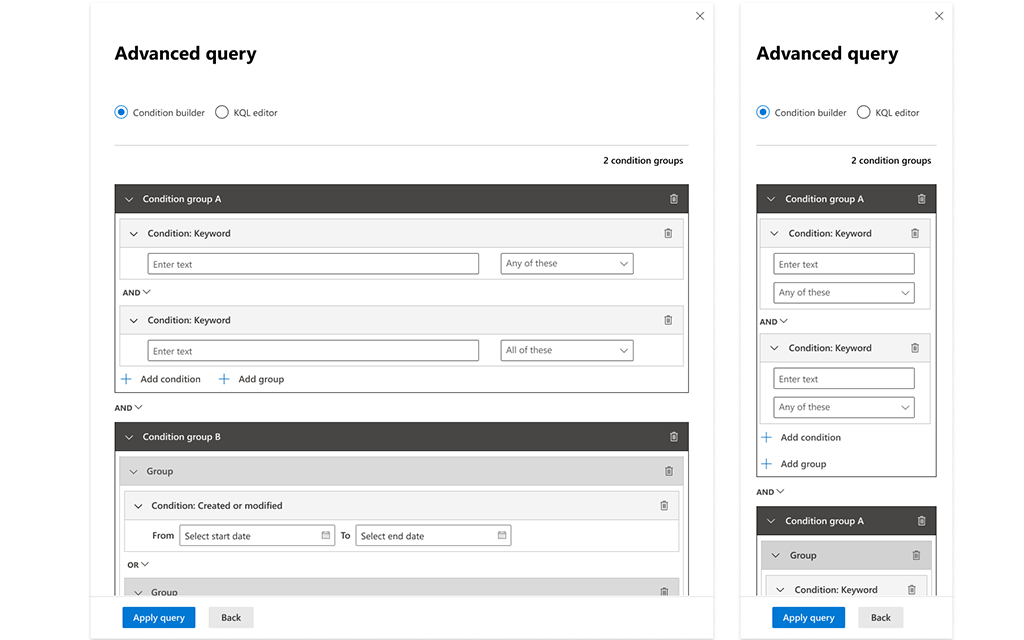 Query builder V1, desktop and mobile views